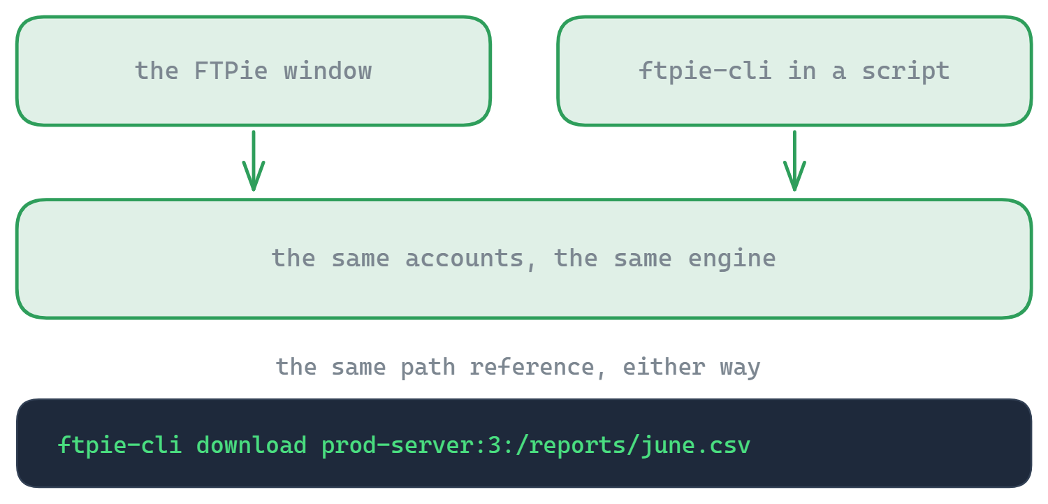The FTPie window and ftpie-cli in a script both sit on the same saved accounts and the same transfer engine, so a path like prod-server:3:/reports/june.csv works from either one
