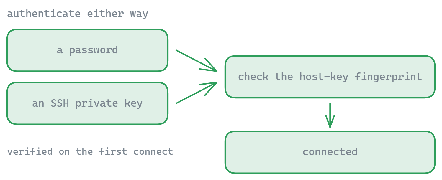 Authenticate with either a password or an SSH private key, then verify the server’s host-key fingerprint on the first connect before the session is established