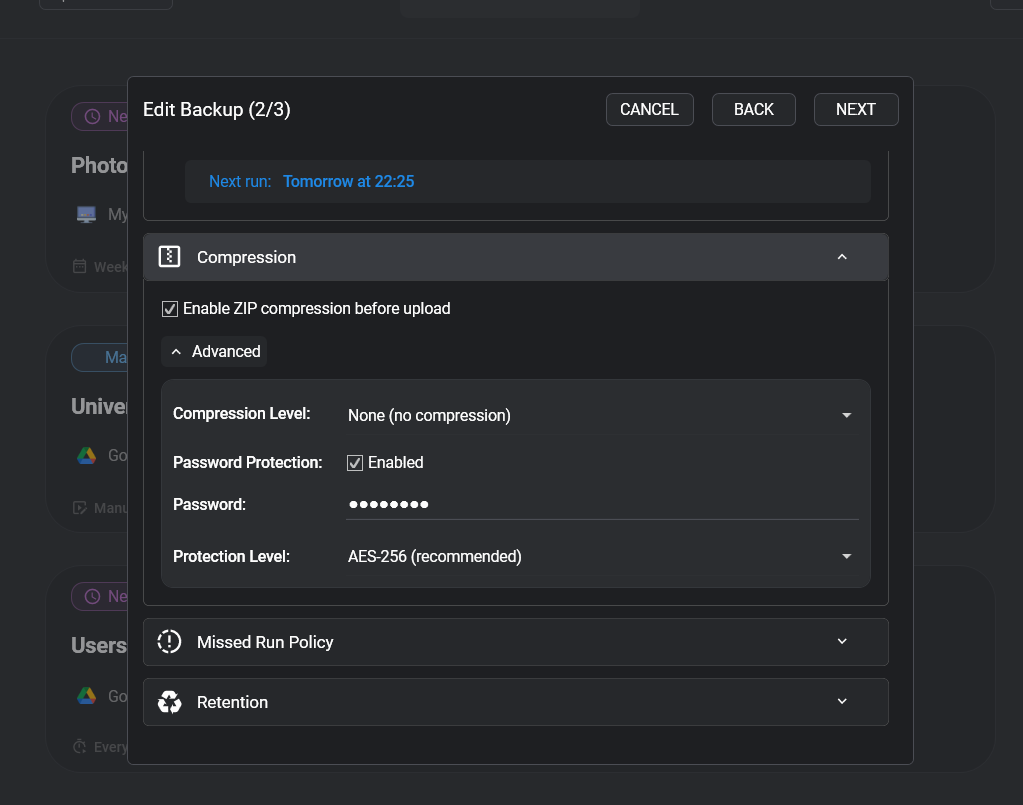 Backup compression and encryption settings