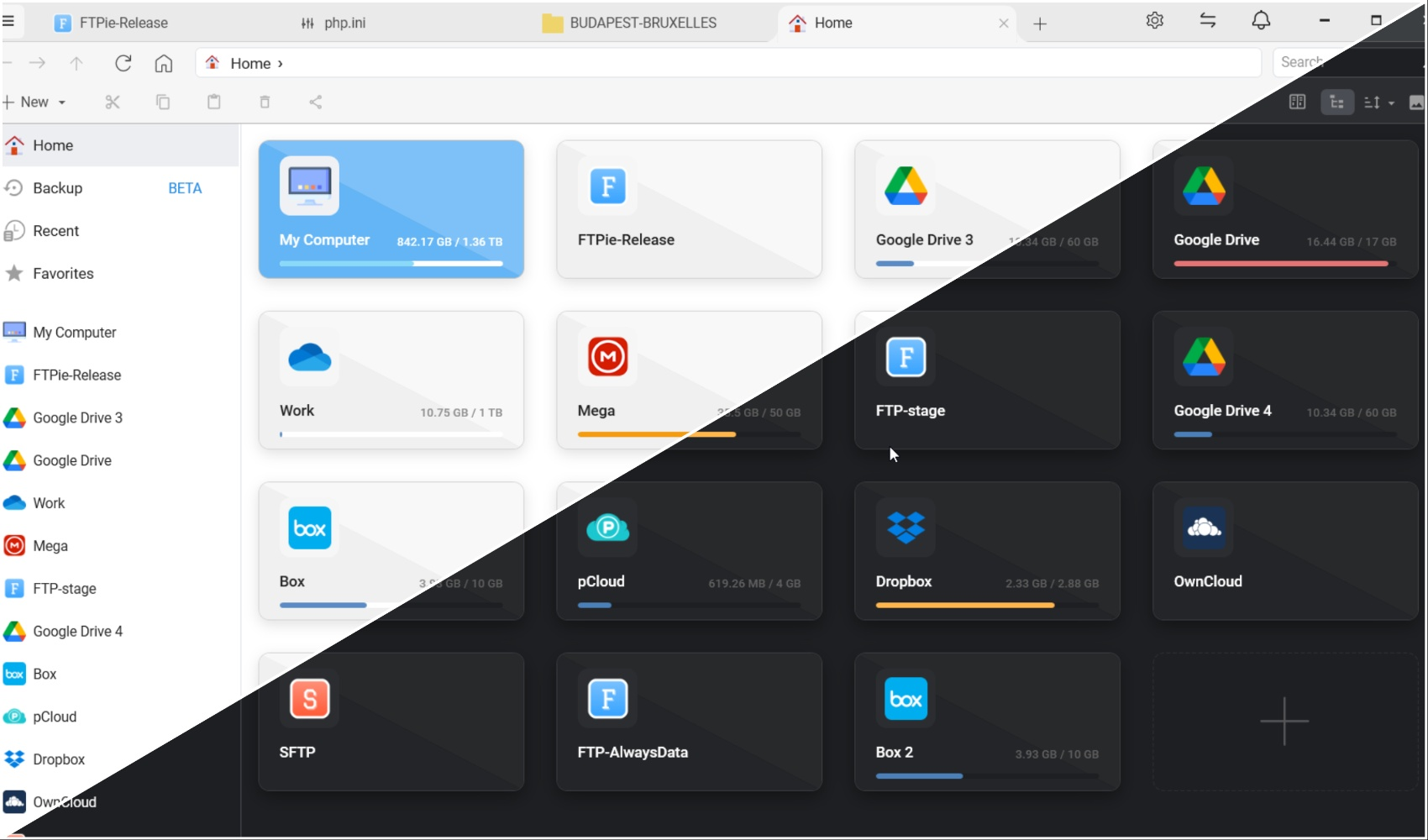 FTPie dark mode and light mode comparison showing consistent design across both themes