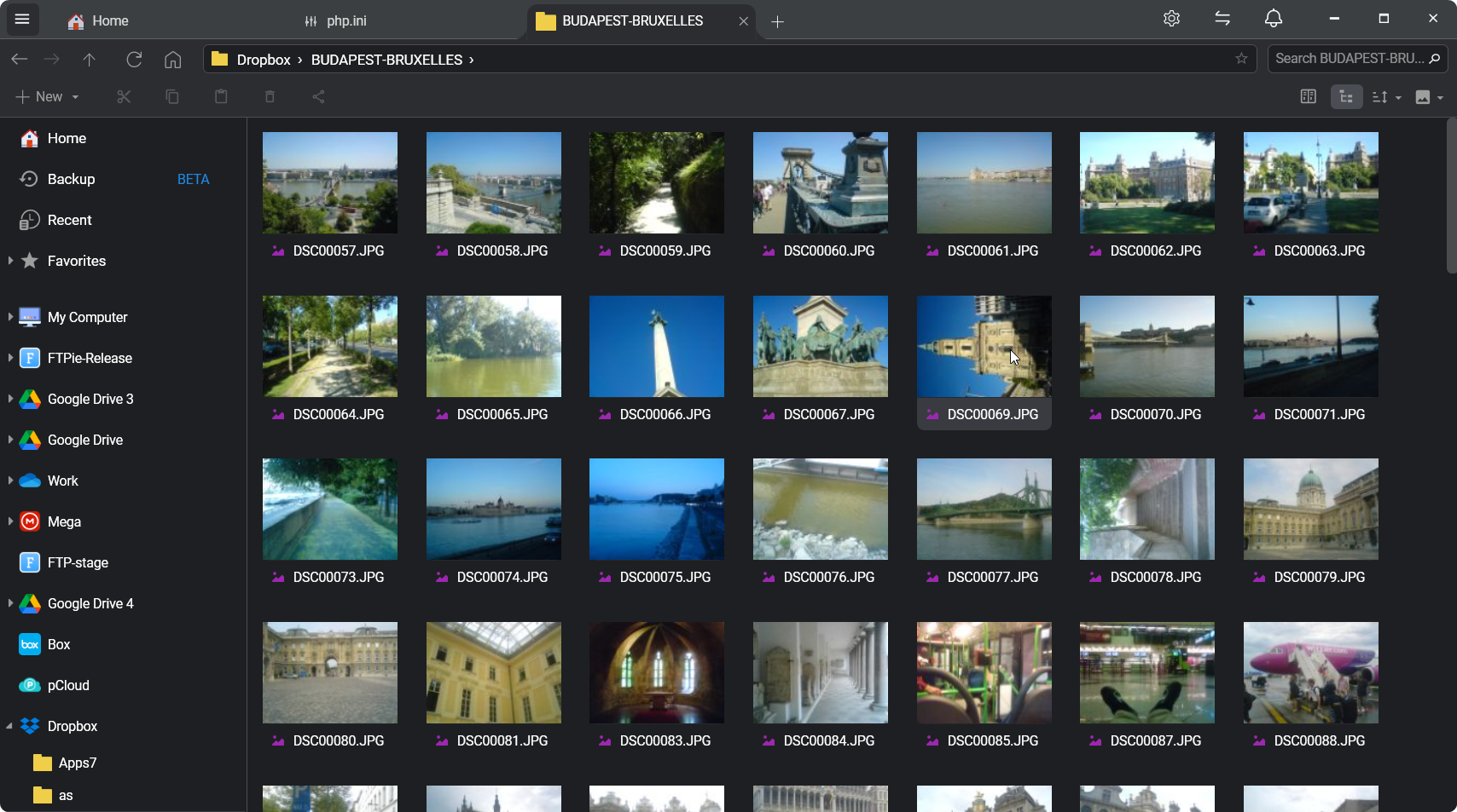 FTPie preview mode showing image thumbnails and file type icons in the storage explorer