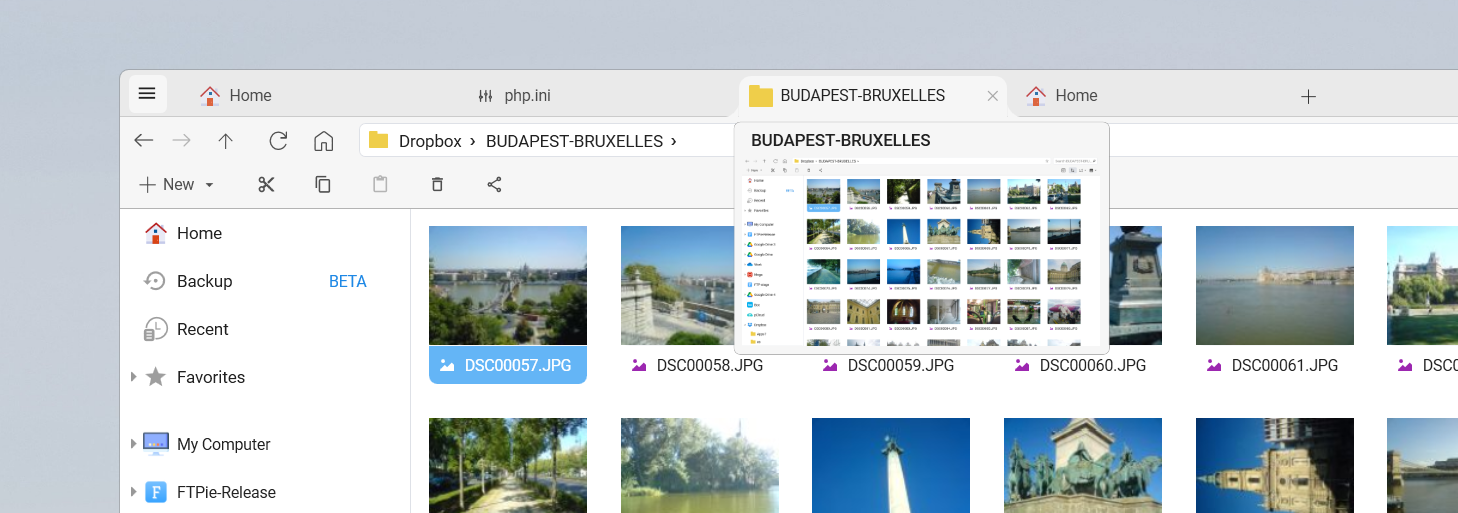 FTPie tabbed interface showing multiple storage connections and viewers open simultaneously