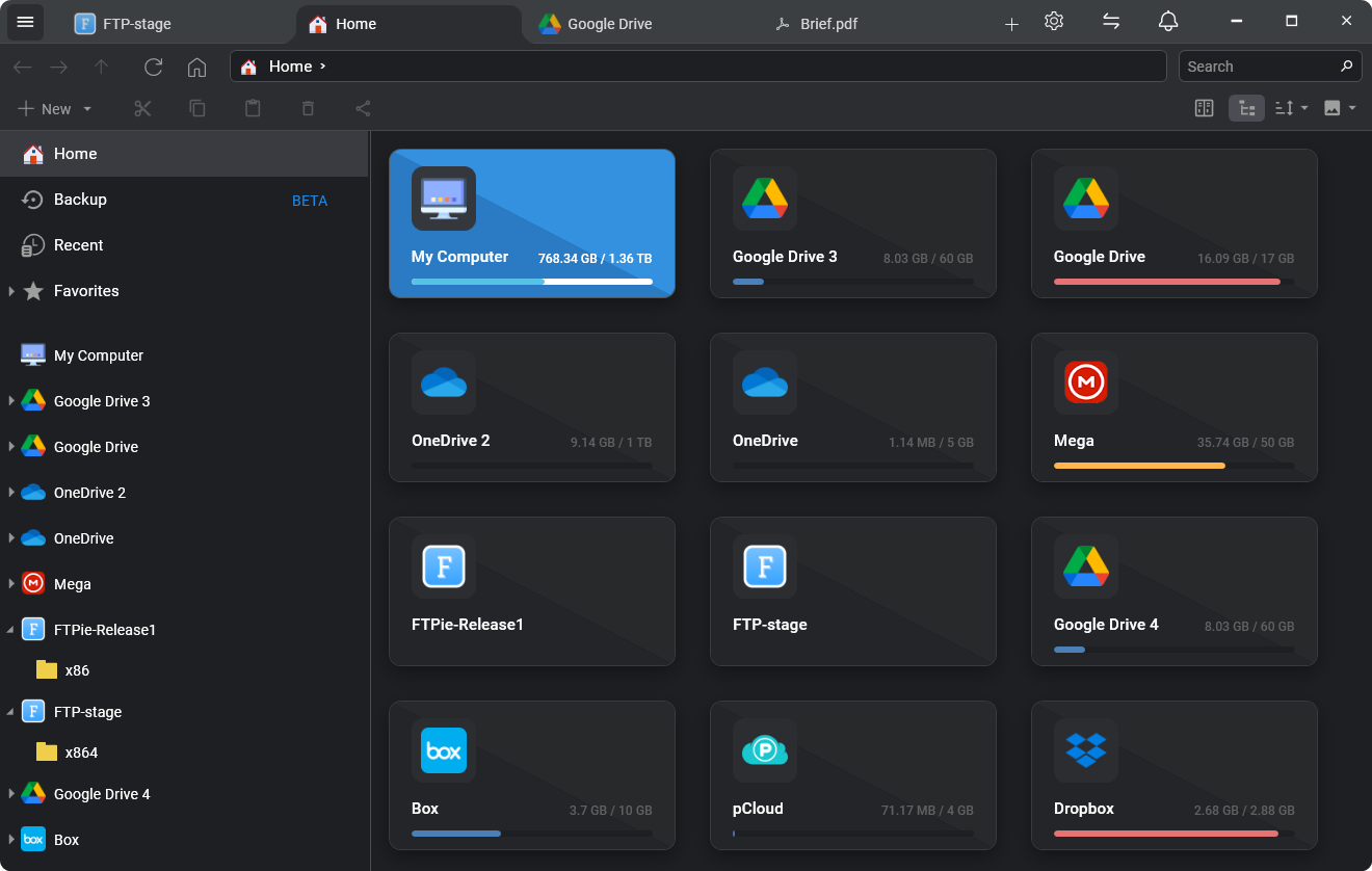 FTPie dashboard with storage tiles and space usage