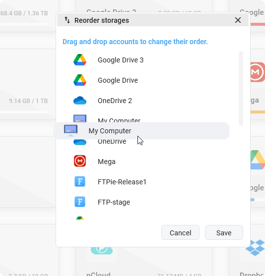 FTPie reordered storages and new context menu