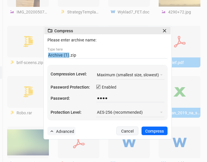 Compression tools showing zip creation options