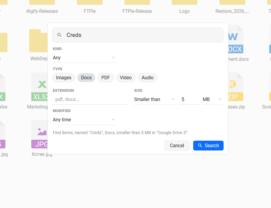 FTPie's advanced search dialog with filters