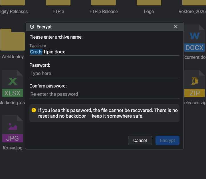 FTPie's file encryption dialog with a password and the no-recovery warning