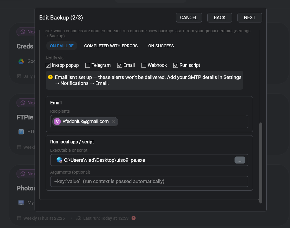 Backup notification settings and toast popups in FTPie