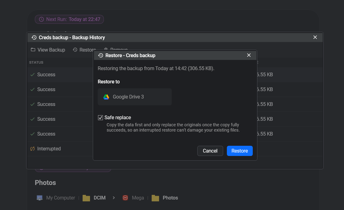 Restoring a backup snapshot in FTPie