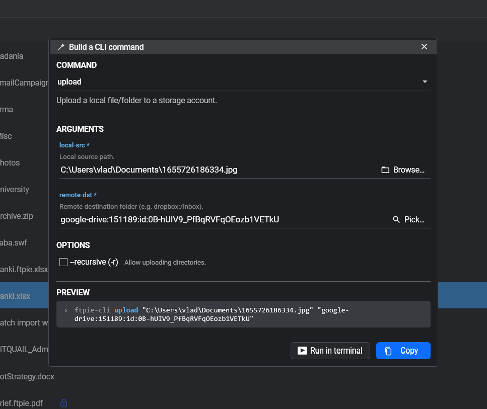 The CLI Command Builder dialog in FTPie with a command dropdown, argument fields and a live command preview
