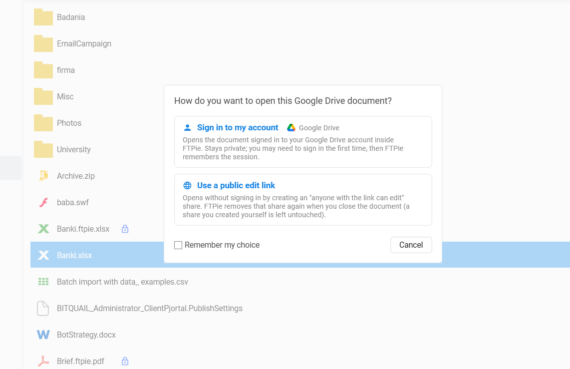 FTPie asking whether to open a Google Drive document by signing in to your account or via a public edit link