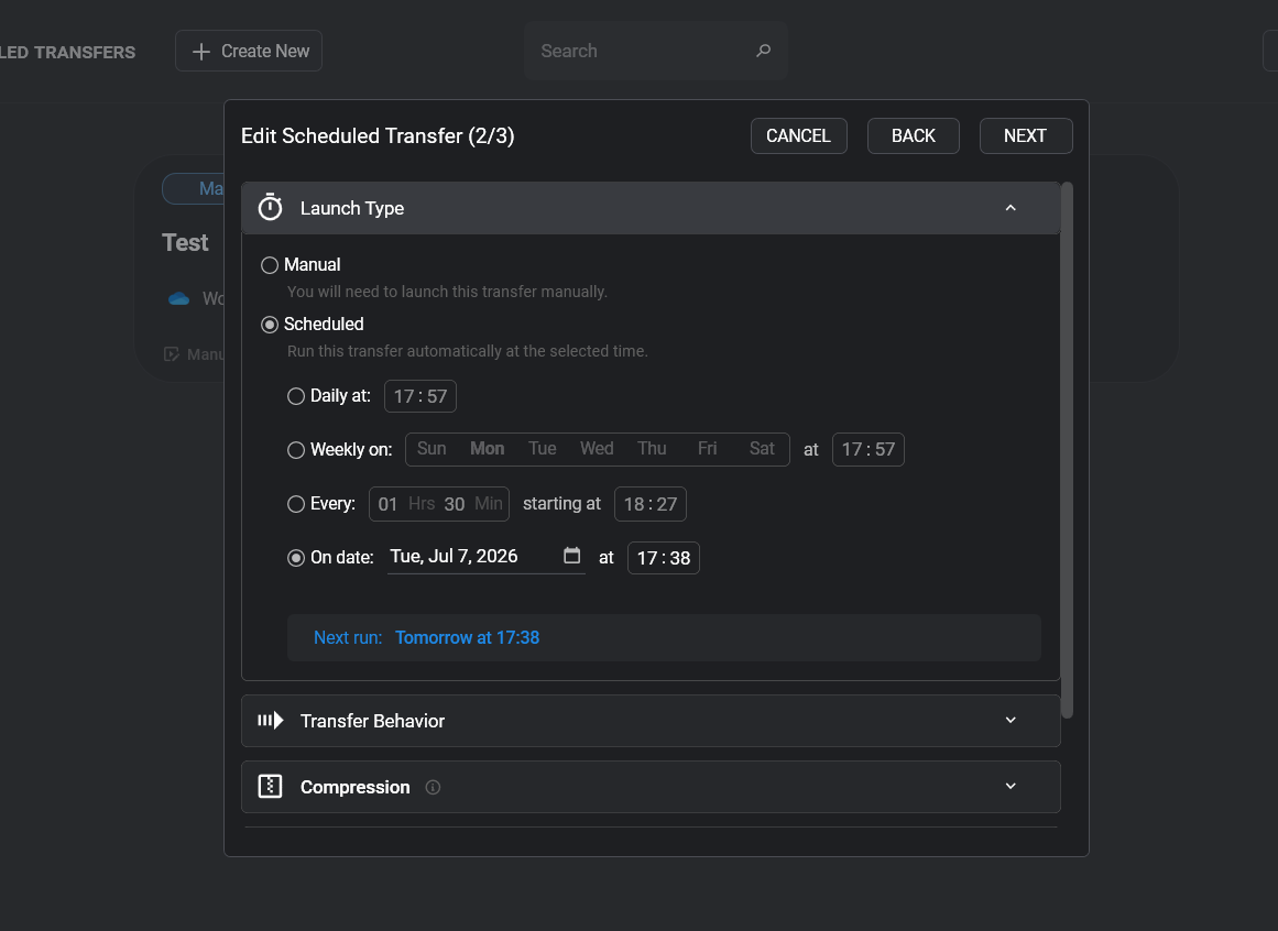 The scheduled transfer wizard's schedule step: run daily, weekly, at a custom interval, or once on a specific date