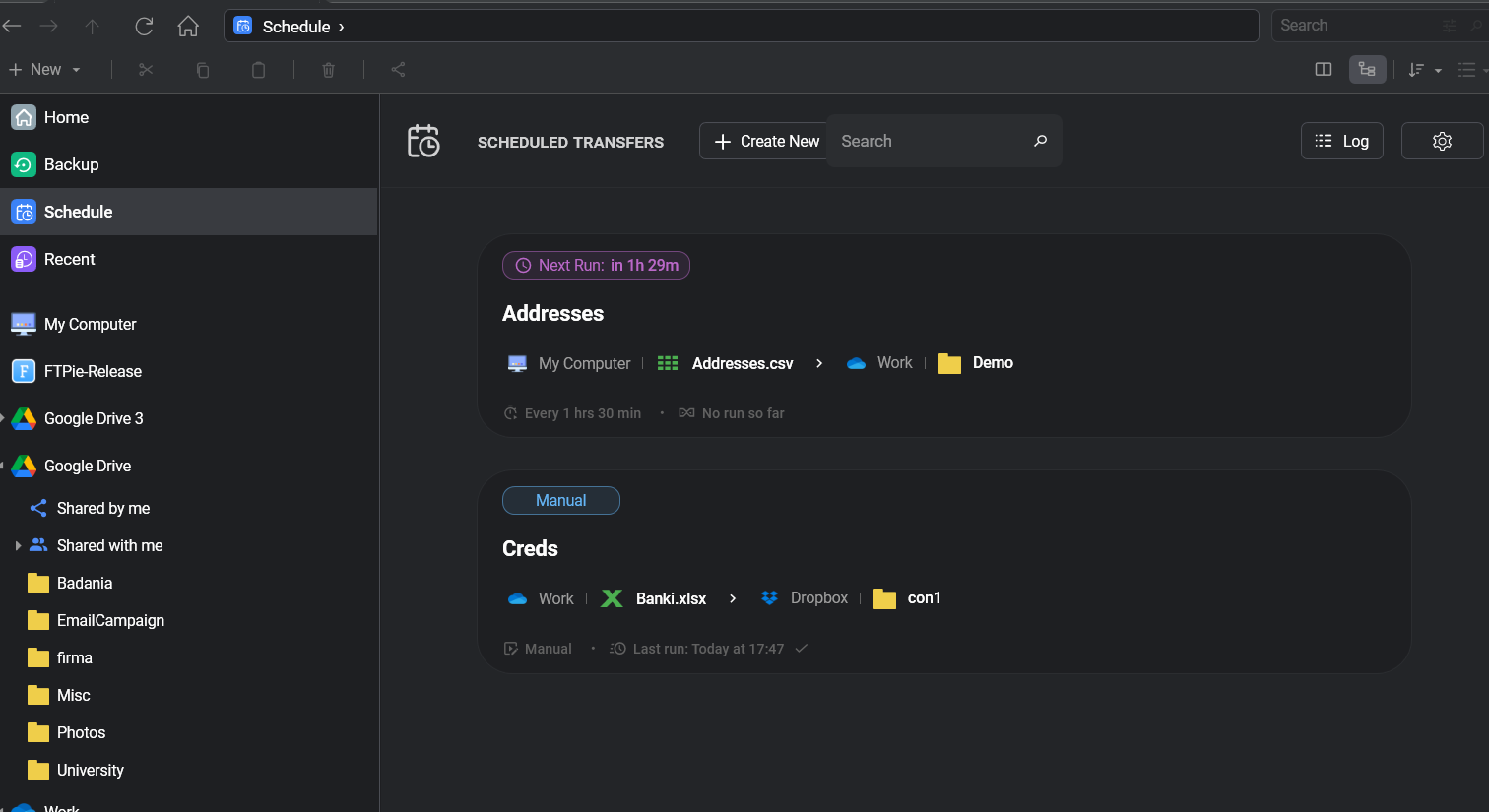 The Scheduled Transfers view in FTPie: each transfer with its route, schedule, and next or last run