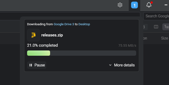 FTPie's transfer popup showing a live transfer speed while downloading from Google Drive