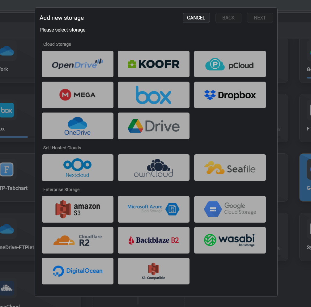 FTPie's Add Storage picker showing Amazon S3, Azure Blob, Google Cloud Storage and the S3-compatible providers