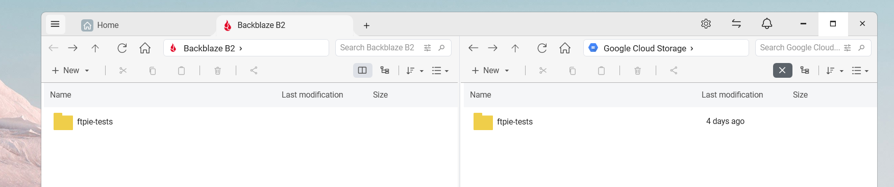 A Backblaze B2 bucket and a Google Cloud Storage bucket side by side in FTPie's dual-pane view