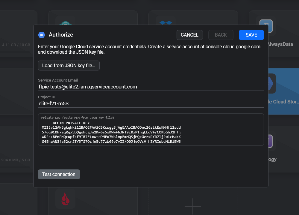 FTPie's object-storage connection wizard, including the Load from JSON key file button for Google Cloud