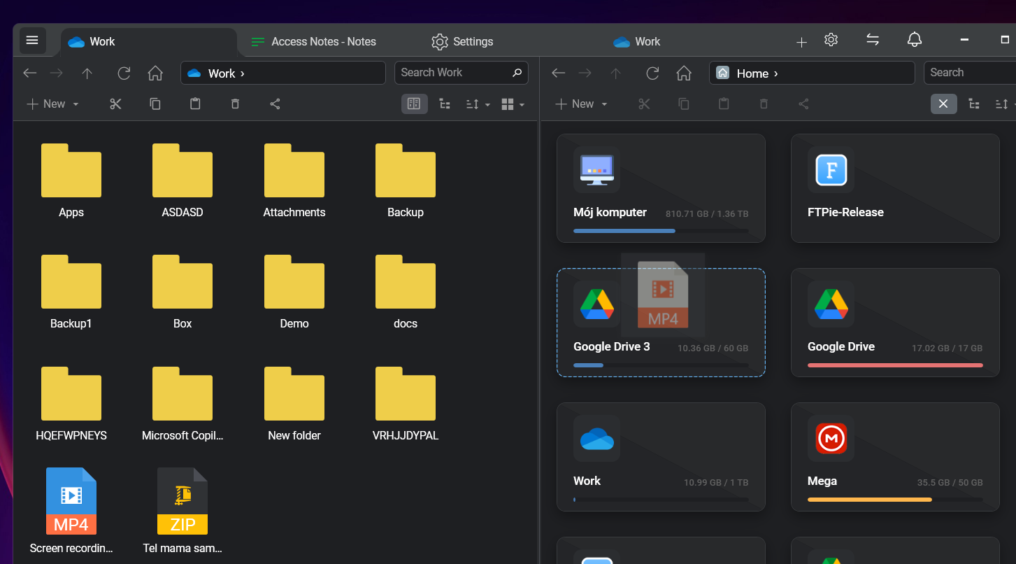 Dragging files between FTP and cloud storage in FTPie dual-pane view