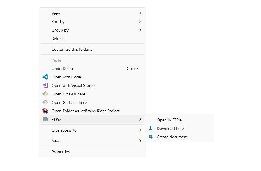 FTPie shell extension in Windows Explorer right-click menu for quick uploads and sharing