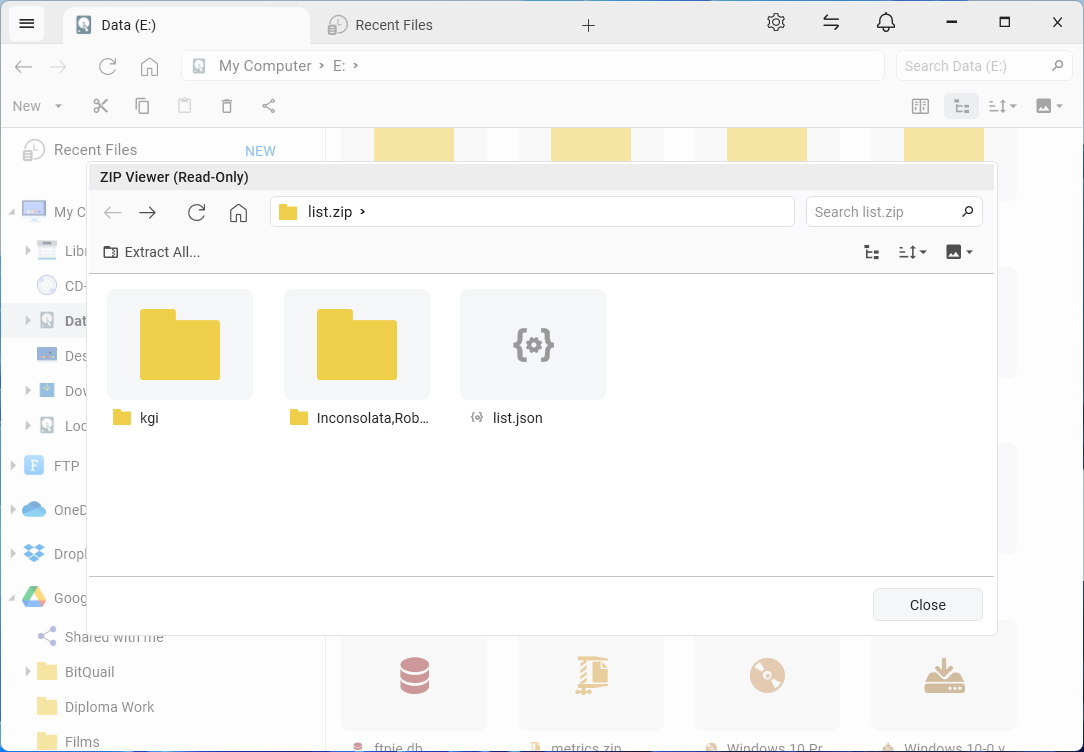 Zip Viewer interface showing contents of a software archive with search and sort options