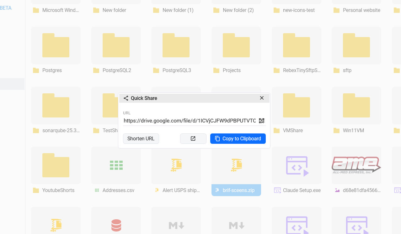 FTPie Quick Share generating a shareable link for a file on FTP storage