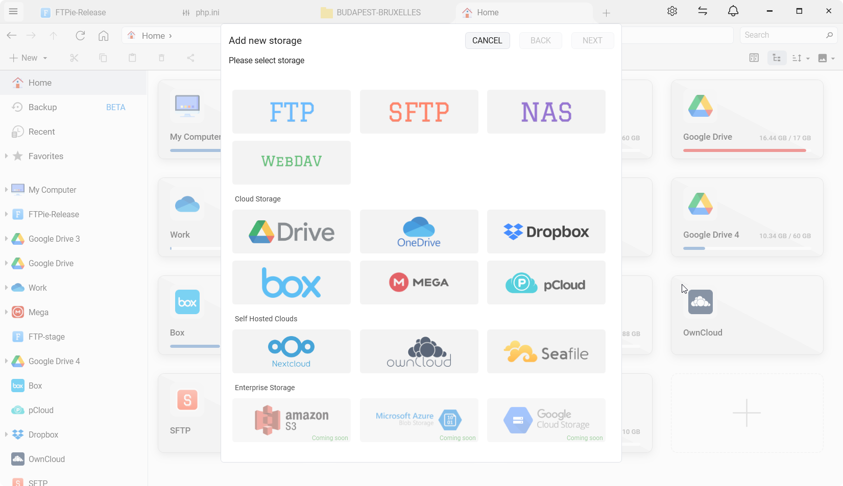 Adding FTP and Google Drive connections in FTPie