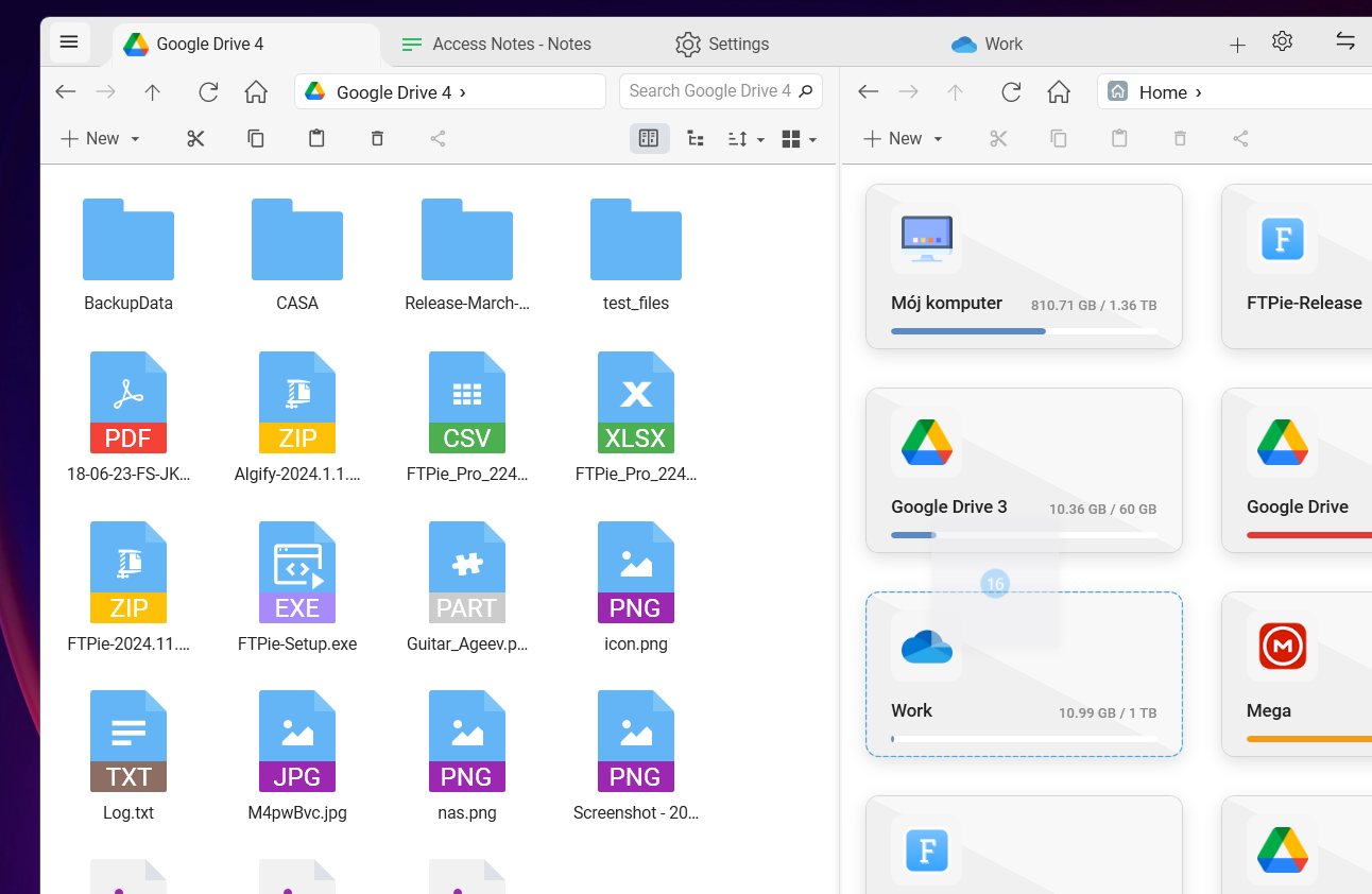 Dragging files from FTP to Google Drive in FTPie dual-pane explorer
