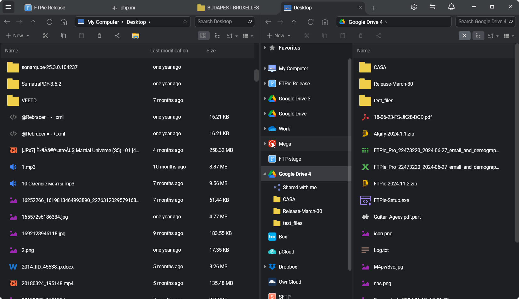 FTPie dual-pane view showing FTP server and Google Drive side by side