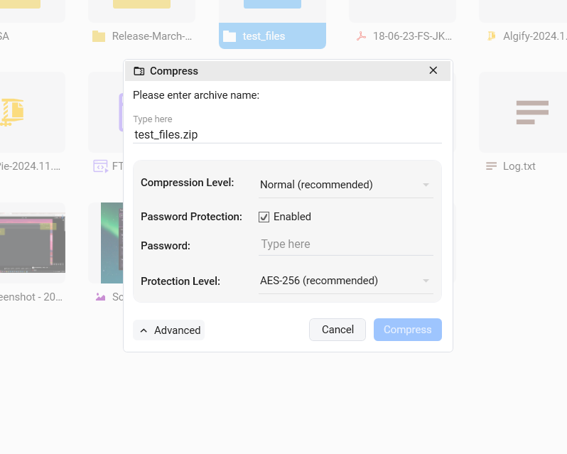 FTPie compression dialog with archive name, compression level and password options