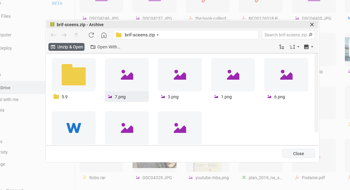 Archive preview interface showing file contents with Unzip & Open and Remove & Close buttons