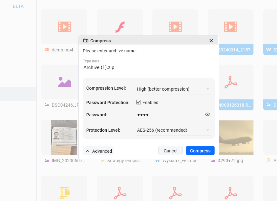Compression dialog showing archive name, compression level, and password protection options
