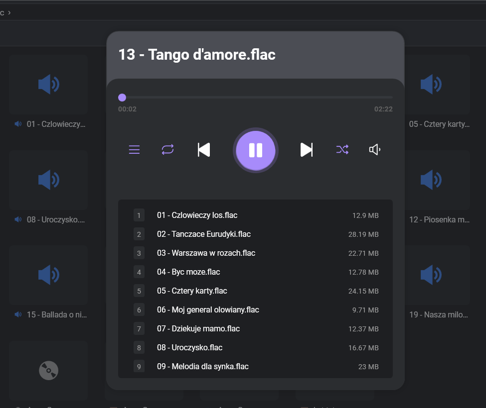 FTPie Music Player tab showing an album cover, track title, progress bar and playlist with tracks streamed from a remote storage