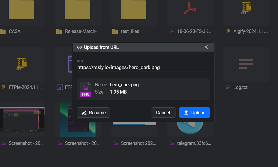 FTPie Upload from URL dialog showing a URL input field, the resolved file name, size and type, and a destination picker