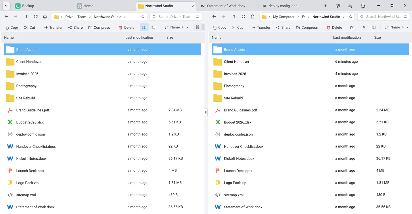 FTPie 2026.10.2 in split view: a Google Drive folder on the left and the same project folder on the PC on the right, with the new tab strip, address bar and toolbar