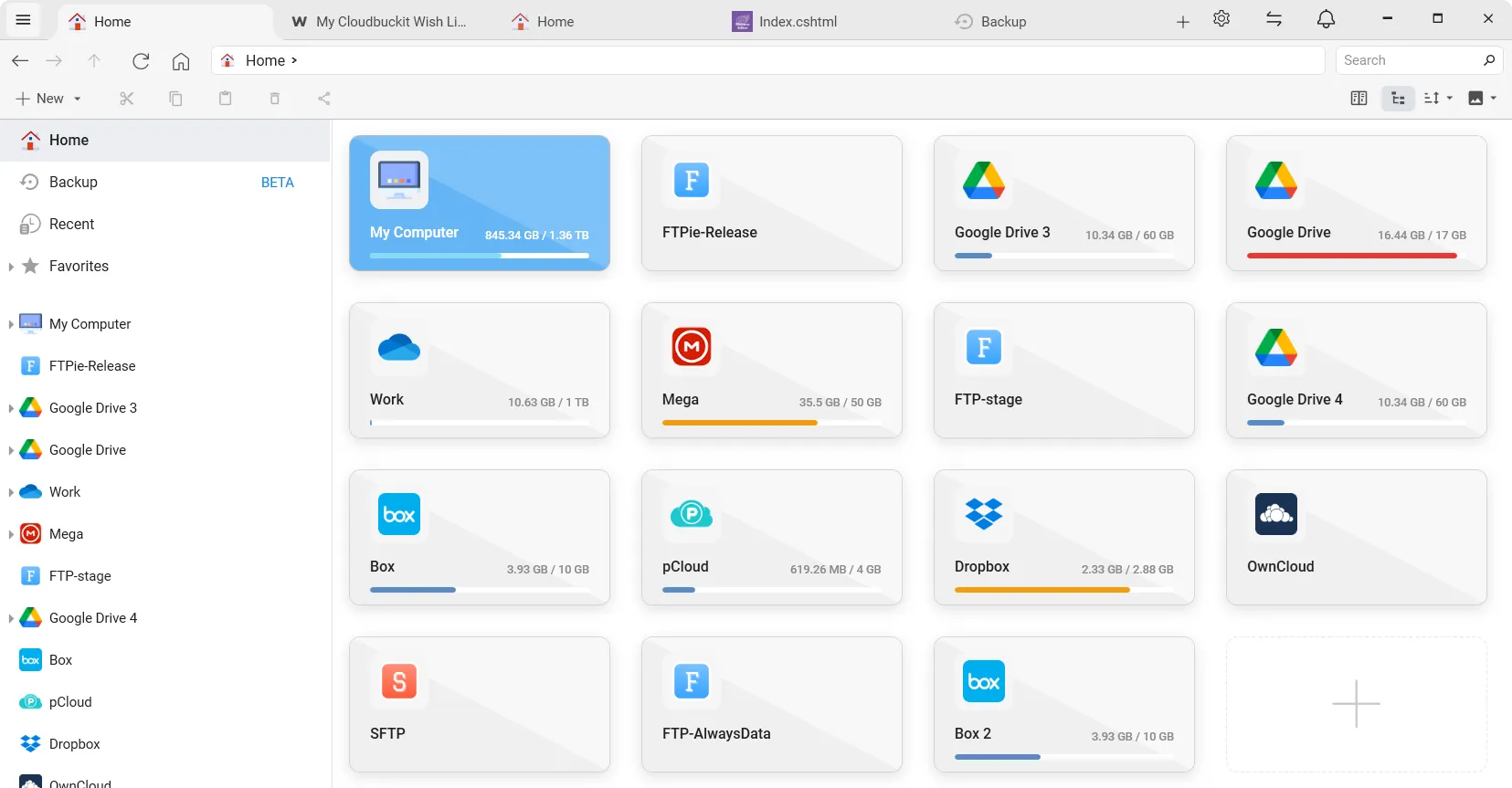 FTPie home screen - a Windows app managing FTP, SFTP, NAS and cloud storage in one window