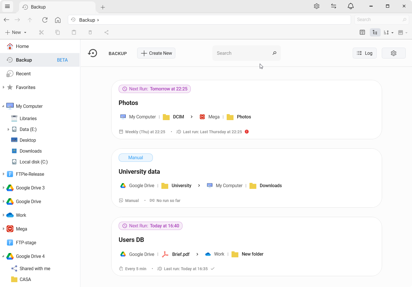Auto Backups dashboard listing multiple scheduled jobs with status, next run time, last run time, transferred size, and pause controls