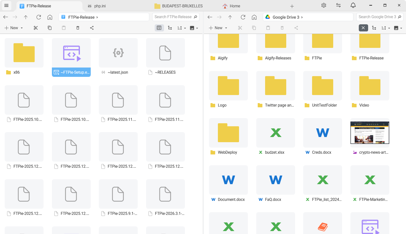 FTPie showing Google Drive in the left pane and Dropbox in the right pane, with a folder being dragged between them