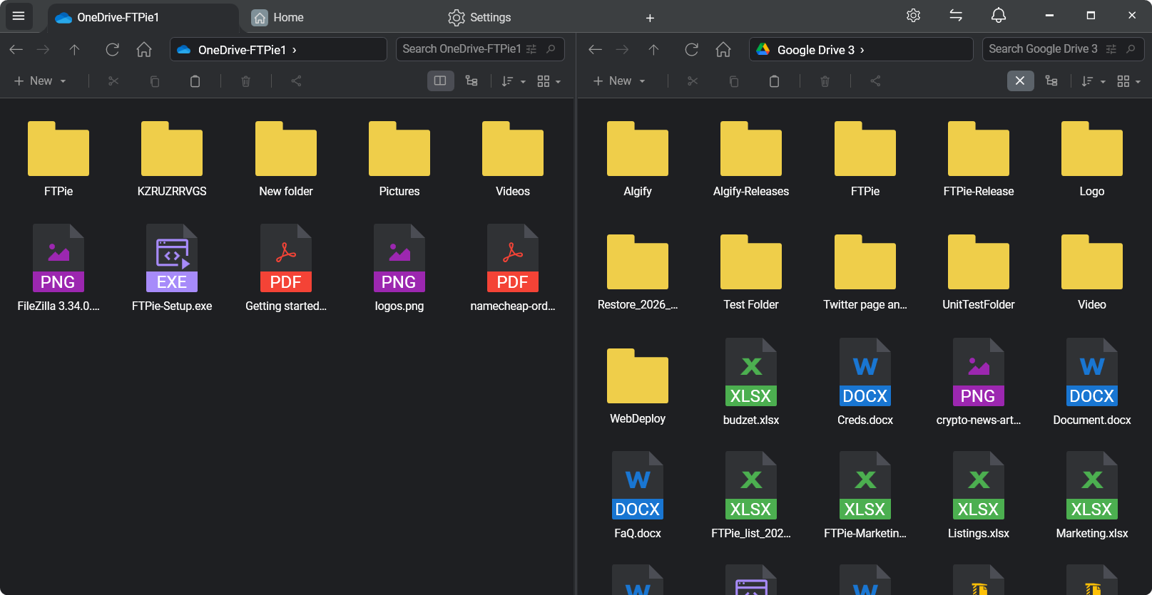 FTPie's dual-pane view with OneDrive on the left and Google Drive on the right, ready for a drag-and-drop transfer between them