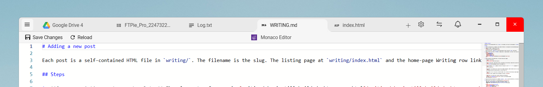 FTPie tabs showing four different editors open: Monaco code editor with syntax-highlighted YAML, Markdown editor with live preview, PDF viewer, and image viewer &mdash; all editing files on remote storage
