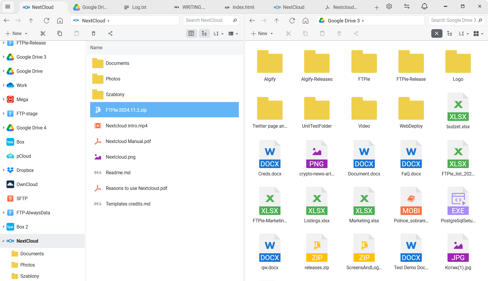 FTPie showing a NextCloud server on the left pane and a local folder on the right, with files being dragged between them