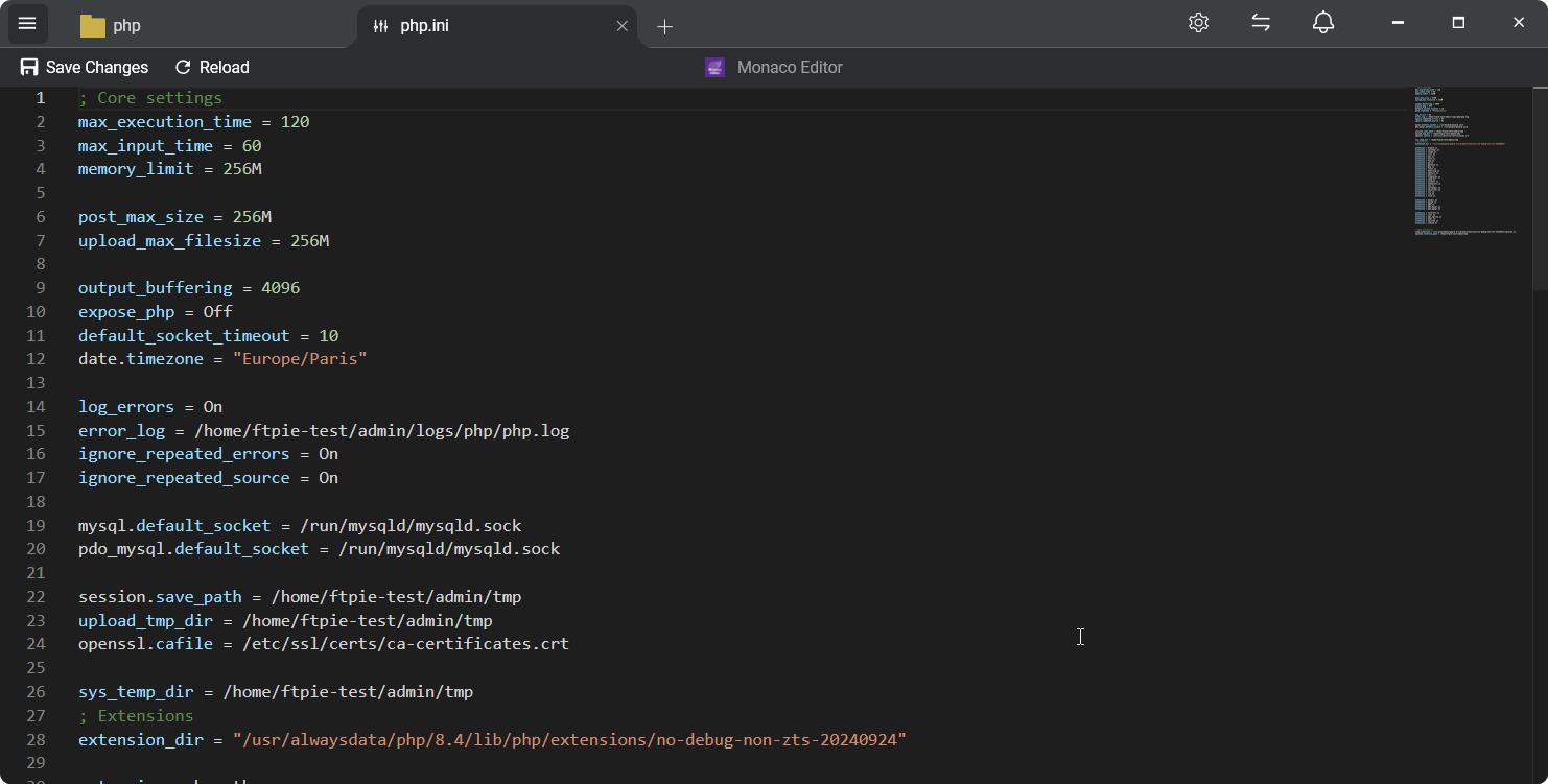 Monaco code editor open inside FTPie, editing a wp-config.php file loaded directly from an SFTP server with PHP syntax highlighting