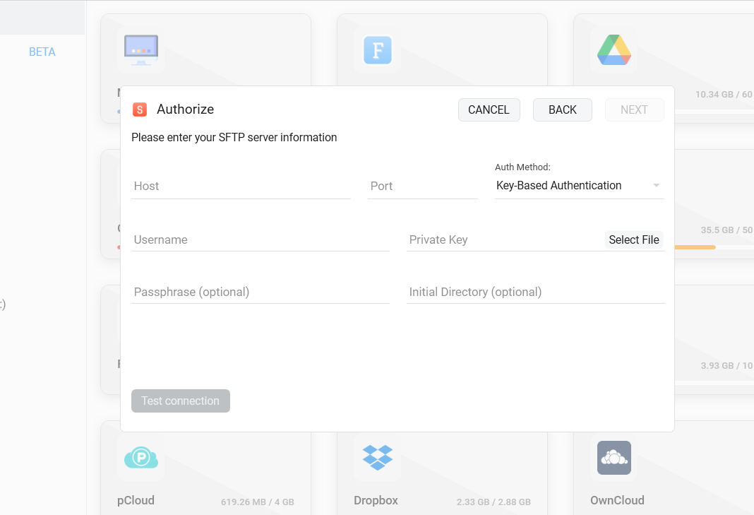 FTPie Add SFTP Connection dialog with fields for host, port, username, and password or private key file